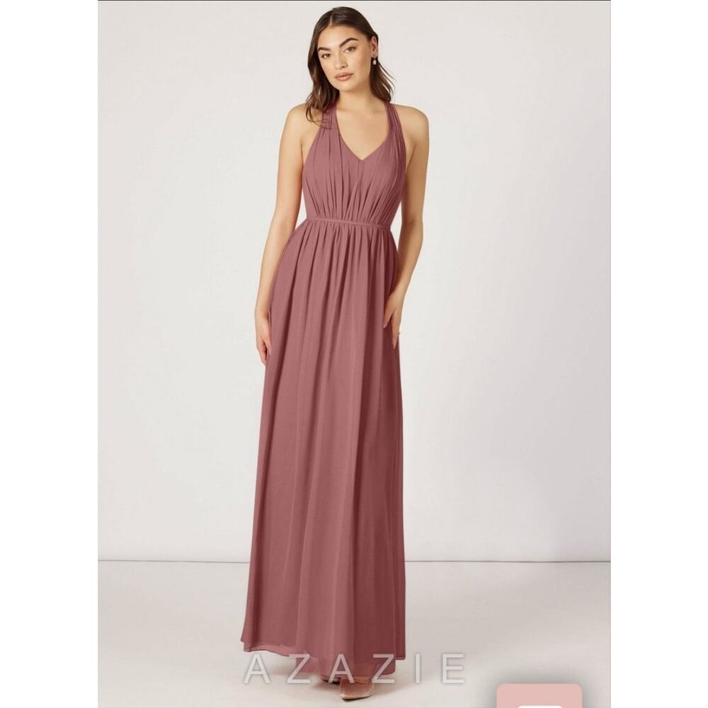 Azazie Nikka Desert Rose Halter Chiffon Maxi Dress Open Back A14 Bridesmaid
